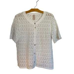 Skovhuus Short Sleeve Cardigan Button Front Sweater White Knit Granny Coastal L